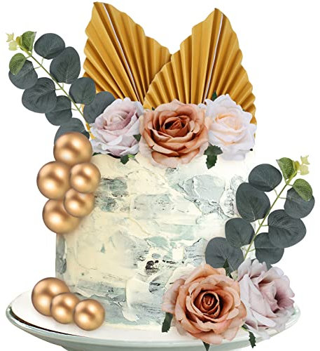 Pinenuts 22 Pcs Cake Toppers Decorations, Gold Balloon Cake Toppers, Paper Palm Fan Cake Toppers Artificial Rose Flowers Leaves Cake Decorations for DIY Birthday Party Wedding Valentine's Day (Gold)