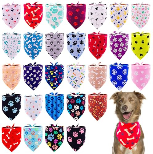 Pai Sence 30 Pcs Paw Print Bandanas Bulk for Large Dogs 33 Inch XL Stitch Dog Bandanas Polyester Bandana Party Grooming L