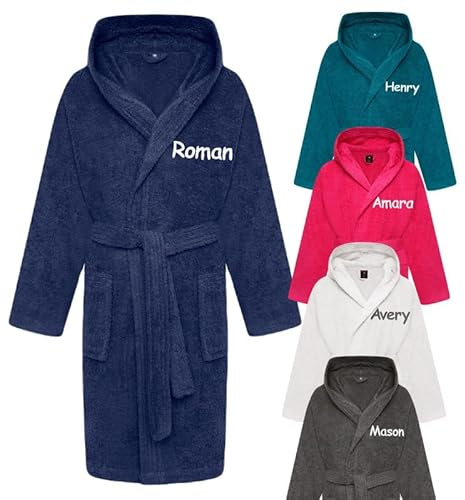 Gembroidery Personalised Boys & Girls Hooded Bathrobe 100% Cotton Childrens Towelling Bath Robe Kids Dresing Gown 2-14 Years (Navy 12-14 Years)