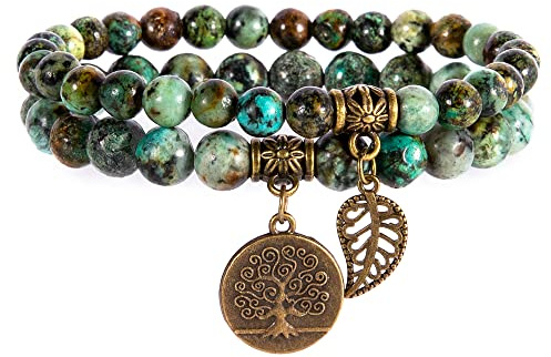 Farfume Bracelet En Pierre Naturelle - Bracelet Perles Naturelles Femme-Ensemble De Deux Bracelets Avec Accessoires Arbre De Vie Et Feuille(Petit 17 cm Perles de Turquoise Africaine (Protection))