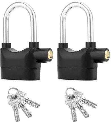 QWORK Alarm Lock, 110 Db Universal Security Alarm Lock System Burglar Door Motor Bike Padlock with 6 Keys (Black), 2 Pack