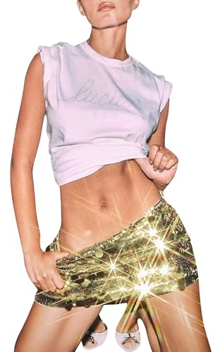 ZZLBUF Women Shiny Sequin Mini Skirt Mid Waist Summer Casual Elastic A-line Skirt Pencil Skirt for Beaches Club Streetwear (Gold, S)