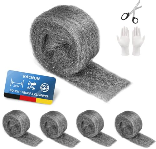 KACNON Lana d'acciaio Fine, 5 Rotoli 20M, Repellente per Roditori, Contro i Topi, per Fori e Crepe della Parete, Casa, Garage e Giardino