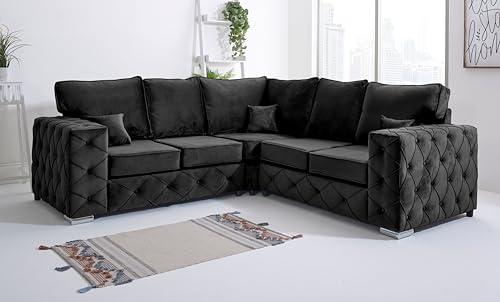 Sofahub Milton Black Plush Velvet Sofa - 5 Seater 2C2 Corner Sofa - Foam Cushions - Upholstered Corner Sofa for Living Room - Sofas & Couches – Comfortable Sofas for Living Room (Black, Corner Sofa)