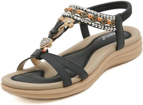 ZDQ Sandals Womens Ladies Summer Casual Comfortable Flat Arch Support Bohemian Wide Fit Slip-on Sandals with Elastic Ankle Strap Black 5