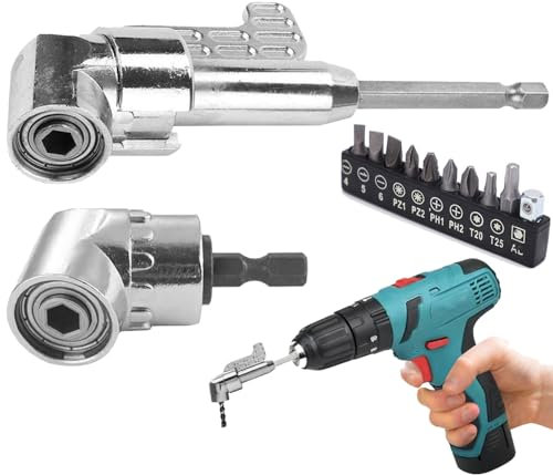 2Pcs Right Angle Drill Attachment with 10PCS Drill Bits,90 Degree Adaptor 105 Degree Right Angle Adapter for Screwing and Drilling in Tight Corner Workspaces for Power Tool