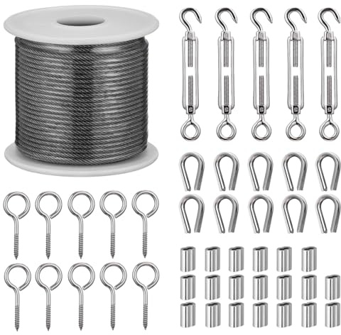 Hopeviva Turnbuckle Wire Tensioner 100FT 1/16 (30M 1.5MM) Stainless Steel Cable String Light Hanging Kit Wire Rope Kit M5 Turnbuckles for Cables Trellis Curtain Clothesline Railing
