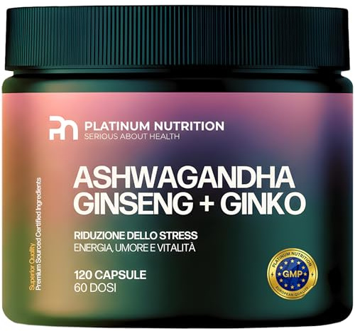 Platinum Nutrition Ashwagandha KSM-66 con Ginseng & Ginkgo Biloba, 120 Capsule (2 Mesi) | Integratore Naturale Adattogeno per Energia Mentale, Memoria, Ansia e Stress | Complesso con Ashwagandha Pura