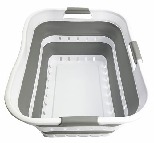 SAMMART 42L (11 gallon) Collapsible Plastic Laundry Basket - Foldable Pop Up Storage Container/Organizer - Space Saving Hamper/Basket (1, Grey/White)