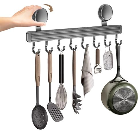 VGECEE Barre Ustensiles Cuisine Murale 40cm, Support Ustensiles Cuisine Ventouse avec 8 Crochets, Barre Support Mural Cuisine en Aluminium, Charge de 20 KG, pour Salle de Bain Spatules Cuillères