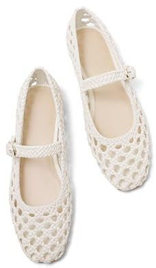 USIMAD Woven Mesh Ballet Flats for Women Square Toe Womens Comfortable Buckle Strap Ballerina Flat Shoes Mesh Dress Flats 8.5 White