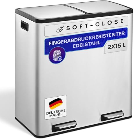 Gardissimo Edelstahl Mülleimer Ruby Küche, 2 x 15 Liter, Mülltrennsystem 2 Fächer Abfalleimer, Treteimer, recycelbare Abfälle, Biomüll, Softclose-Deckel, silber