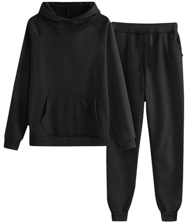Set di tute sportive con cappuccio e pantaloni da jogging elasticizzati in vita, 2 pezzi, in pile, con tasche, per bambini, adolescenti, attività all'aperto, corsa, ciclismo, Nero , 9-10 Years
