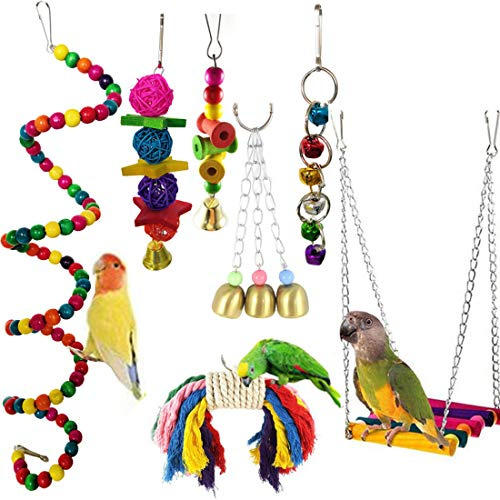 Giochi per pappagalli, Camiter 7 Pezzi colorato Giocattoli Pappagallo di Uccelli, Giocattolo da Masticare Altalena Appesa Giocattoli Gabbia per pappagalli Animali Training