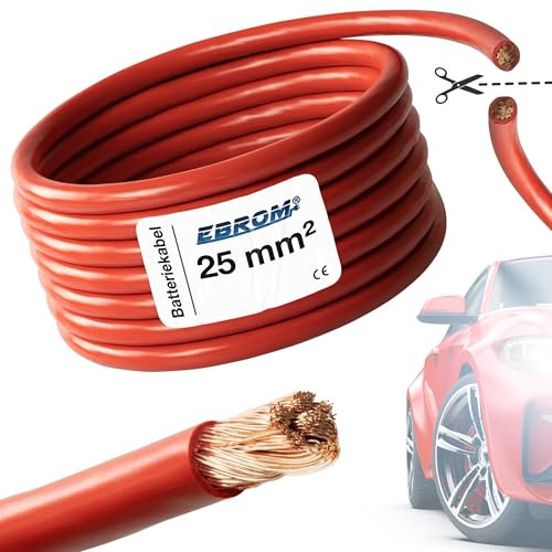 EBROM FLY Cavo auto – Cavo batteria rosso – sezione trasversale 25 mm² – metro – flessibile 90 ± 5 Shore – 99,99% rame, guaina speciale PVC FLY FLRy – Cavo di avviamento, cavo veicolo 25 mm2