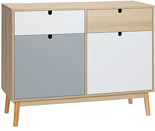 HOMCOM Aparador Auxiliar Mueble de Almacenamiento de Salón con 2 Armarios Cerrados y 2 Cajones Patas Elevadas de Madera de Pino para Cocina Dormitorio Entrada 100x40x79,5 cm Multicolor