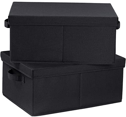 HOONEX Storage Bins with Lids for Organizing, Pack of 2, Storage Boxes with 2 Carrying Handles and Sturdy Heavy Cardboard, 16.5 L x 11.8 W x 7.5 H for Shoes, Books, Clothes, Black