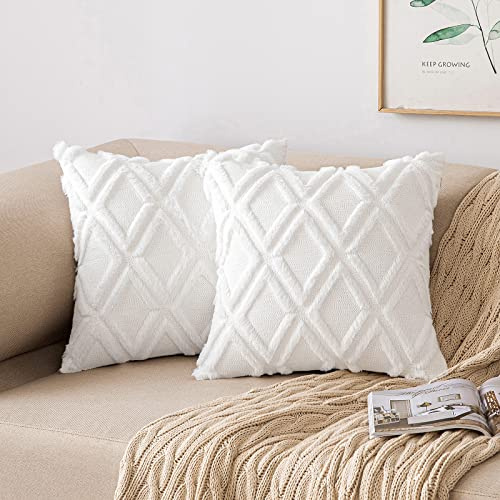 MIULEE Förpackning med 2 kuddöverdrag med plyschull, fodral till prydnadskudde, elegant dekoration för soffa & sovrum, 50 x 50 cm, vit | Polyester plysch mjuk mysig enkel skötsel dekorativ för soffa vardagsrum sovrum gästrum balkong och terrass