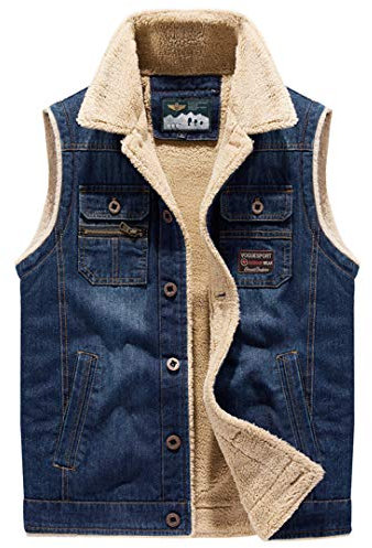 Herren Weste Denim Denim Westen Weste Lammfell Multi-Pocket Outwear, blau / schwarz, XXL