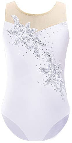 iEFiEL Flicka gymnastikdräkt glitter gymnastikdräkt ärmlös gymnastikdräkt glänsande trikådräkt gymnastik leotard träning gymnastikbody, W vit, 134-140
