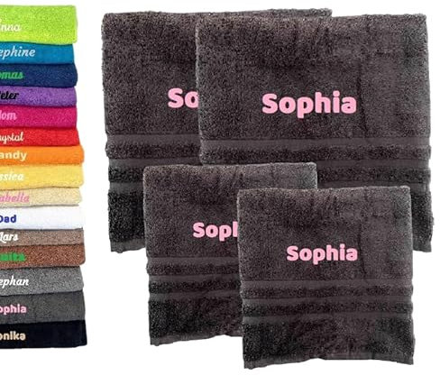 4er Pack Personalisiertes Handtuch und Badetuch mit Namen, Schön gestickter Name Handbadetuch 100 % Baumwollhandtuch 2x (50 x 100 cm) + 2x (140 x 70 cm) Personalized Custom Towel with Name (Graphit)