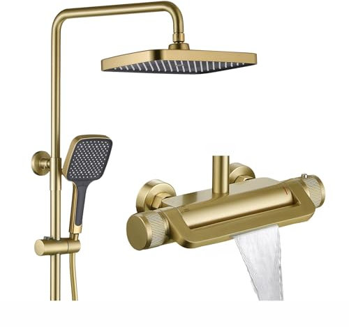 Thermostatic Shower Column Golden Shower Column 3 Functions Complete Shower Kit Adjustable Height Shower Set with 3 Modes Shower Head and Hand Shower, Waterfall Shower Mixer