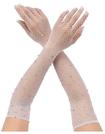 AORHOFJ 1 Paar Lange Netzhandschuhe für Damen Long Fishnet Gloves mit Funkelnden Schwarz Strass Mode Opernhandschuhen für 80er Kostümpartys Halloween Cosplay Zubehör,netzhandschuhe lang