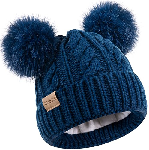 Tontuland Kids Winter Beanie Children’s Warm Knitted Fleece Lined Ski Pom-Pom Hat for Boys & Girls 3-9 Years Blue