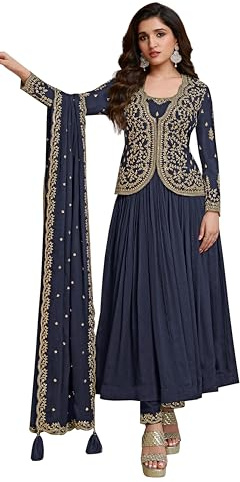 TRENDMALLS Set di pantaloni Kurta taglio Alia con ricamo misto seta da donna con Dupatta, Blu, L