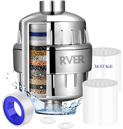 RVER 34 Stage Shower Filter with Vitamin C for Hard Water, Water Softener Shower Head with Replaceable Multi-Stage Shower Head Filter, Removes Chlorine, Fluoride (34 Stage Shower Filter/2 Cartridges)