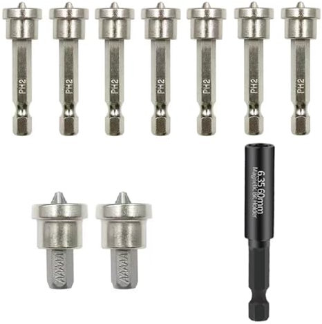 Yuiturt 10 Pcs Magnetic Positioning Screwdriver Bits Set, PH2 Magnetic Positioning Screwdriver Bits, 1/4'' Hex Shank Positioning Screwdriver with 60mm Magnetic Extension, Plasterboard Screws