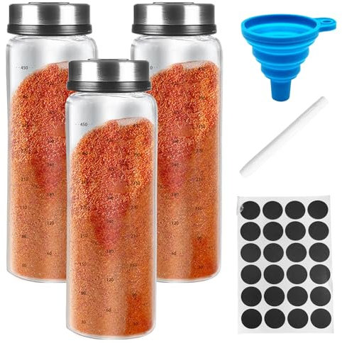 SPORWAY Spargispezie in vetro borosilicato: 3 barattoli grandi da 500 ml con coperchio girevole, 3 tipi su fori per spezie, contenitore per spezie, coperchio rotondo, in acciaio inox, per la cucina,
