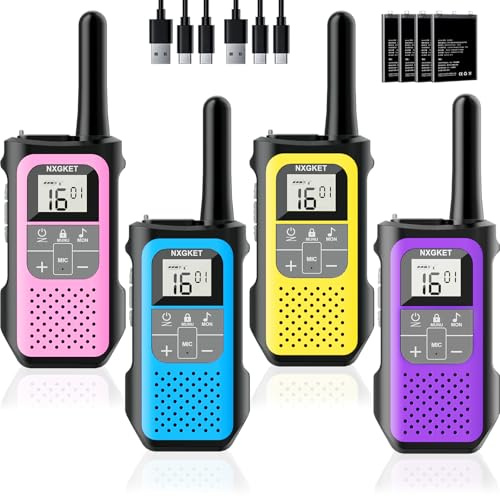 Talkie Walkie Enfants Adultes, NXGKET Talkie-walkie Longue Portée 5 km, Rechargeable 16 Canaux Radio avec Batterie Li-ION 1200A mAh, Câble USB-C, VOX pour Plein Air Camping Randonnée, Lot de 4