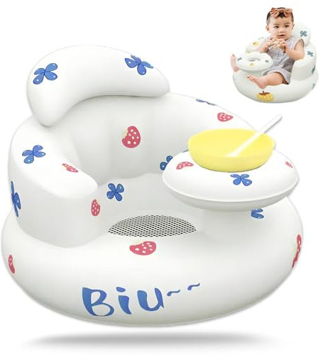 Asiento BañEra Bebe Hinchable Bomba De Aire Incorporada, Asiento Bebe A Partir De 3 Meses, Silla BañO Base De Malla Transpirable, Sofá Con Respaldo Para BebéS, Fresa Con Bandeja