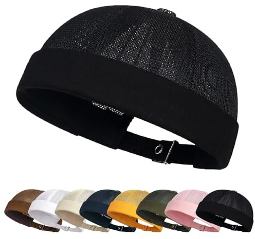 Enwokran Docker Cap Verstellbar Seemannsmütze UV-Schutz Dockermütze Sommer Hafenmütze Fischermütze Unisex Masche Brimless Rolled Cuff Harbour Beanie Mütze (Schwarz)