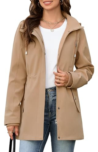 CMTOP Veste Femme mi Saison Léger Décontracté Blouson Fermeture éClair Veste Chic et Élégante, Hydrofuge Jacket à Manches Longues Parka avec Multi Poches Pour Printemps Automne Été(Kaki,XXL)