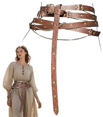 TENGWA Cinturones Mujer Renacimiento Cinturon Hombre 328cm Marrón Vikingos Edad Media Retro Correa de Cadena Metálica Ajustable Perfecto para Halloween Cosplay Disfraces de Caballero o Pirata