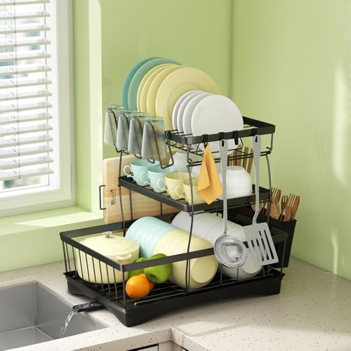 Levede 3 Tier Dish Drainer Rack for Kitchen Counter, Rustproof Draining Board Rack with 360° Swivel Drainage Spout, Large Capacity Dish Drying Rack with Cups, Utensil & Cutting Board Holders