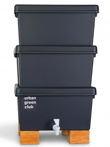 Compostador de Lombrices Vermicompostera Domestica 48L de Plastico Reciclado con Grifo Compostaje Natural Restos Organicos Jardin Terraza Huerto Urbano Diseño Modular con Gran Capacidad