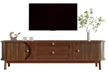 HAINEW TV-bänk i lantlig stil, med skjutdörrar och lådor, TV-bänk med oval bordsskiva, TV-bänk för vardagsrum, matsal (valnöt)