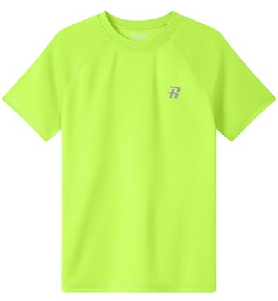 Runhit Rash Vest Kids Short Sleeve, UPF 50+ Sun Protection Boys UV Swim Top, Quick Dry Rash Guard Shirt for Beach Swimming Fishing Surfing Outdoor Sport, Neon Green Age 13-14 Years