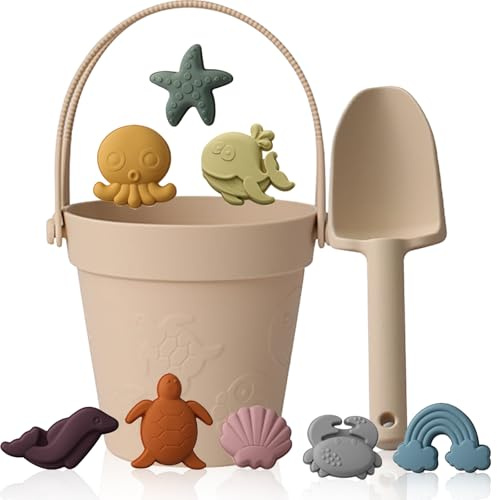 RoseFlower Silicone Sand Toys Set for Kids, Portable Travel Beach Sand Toys with Collapsible Bucket, Shovel, 8 Molds Dolphins, starfish, turtles & Mesh Storage Bag for Kids, Summer Gift-Beige