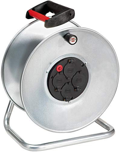 Brennenstuhl 1198515 Enrouleur de câble vide Série Garant Sk, en acier galvanisé antirouille, 4 prises italiennes 10 A+16 A et Schuko Couvercles poignées auto-fermées, poignée ergonomique, argent