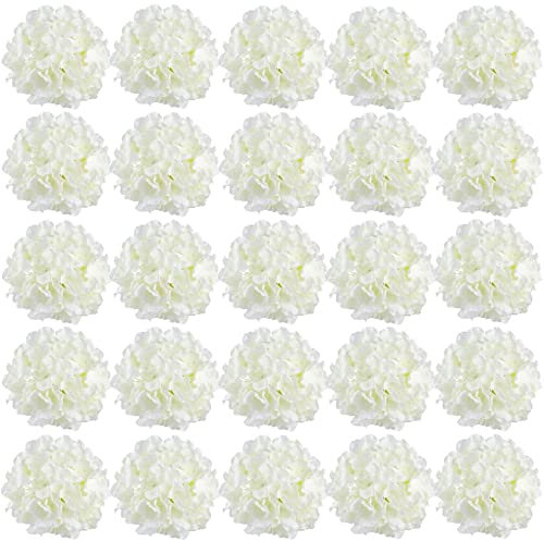 FagusHome 30 Stück künstliche Hortensien BlumeKöpfe 20cm Künstliche Blumen Köpfe mit Lange Stielen Gefälschte Blumen in Weiß für Deko