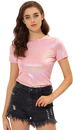 Allegra K Dam kortärmad rund hals metallisk topp blus t-shirt, Ljusrosa, M