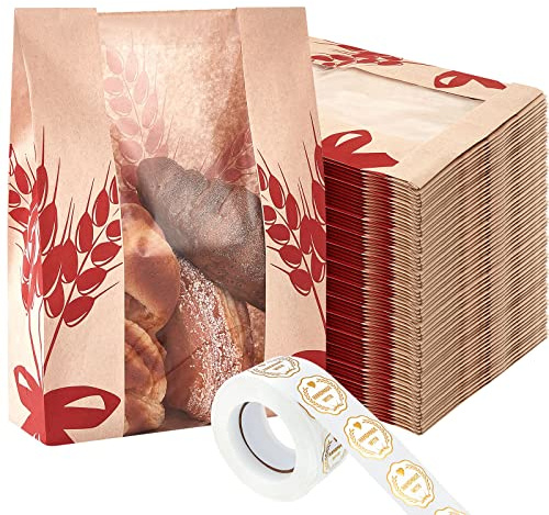 Gueevin 100 Pcs Kraft Paper Bread Bag for Homemade Bread Large Sourdough Loaf Bag with Clear Window Bakery Food Package Storage with 500 Pcs Sticker for Popcorn Cookies, 14x8.3x3.2''