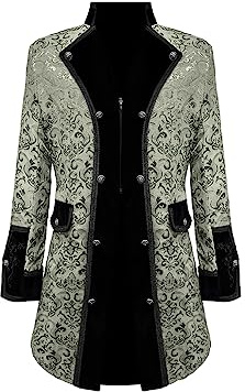 DRTES Men Steampunk Medieval Jacket Victorian Vampire Pirate Frock Coat Costume (Silver, Large)
