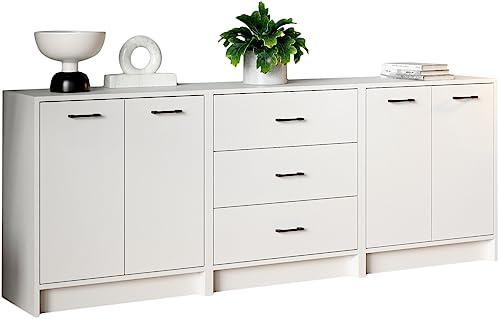 Meble Pitus Kommode Weiß 210 cm MP1 - Sideboard für Wohnzimmer, Schlafzimmer und Flur - 2 Kommoden mit Türen, Verbunden mit Einer Kommode mit 3 Schubladen - Komodenschrank, Möbelplatte