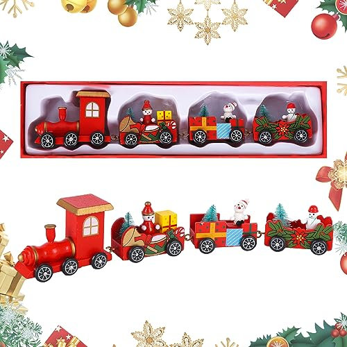 Train de Noël en Bois Mini Train de Noël Caravane en Bois avec 3 Voitures Ornements Miniatures de Train de Noël en Bois Rouge Remorques pour Décorations d'Arbres de Noël Fête Table et Cadeaux Décor