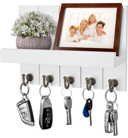 Kldgris Schlüsselbrett mit Ablage, Schlüsselbrett Holz, Dekoratives Holz Wandregal, mit 5 Schlüsselhaken, für Eingang, Flur, Schlafzimmer, Wohnzimmer, Weiß